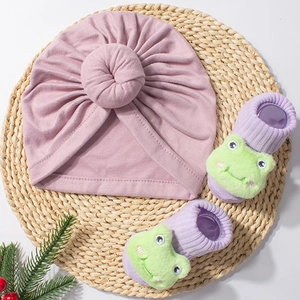 Pink infant turban hat and purple socks set with cute green frog plush decoration