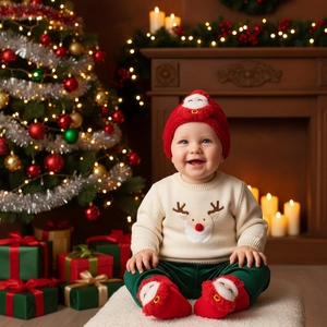 Detailed view of baby Christmas set featuring reindeer knit sweater and Santa hat