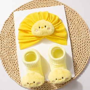 Cute yellow baby turban hat and socks set with soft plush cartoon chicken design