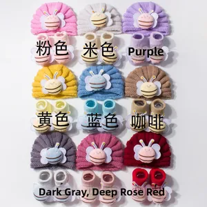 Nine-color collection of baby knitted hats and socks sets featuring 3D cartoon bees