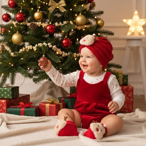Detail of Christmas baby set with velvet romper and reindeer plush hat decorations