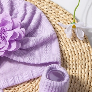Soft purple knitted baby hat and socks set with elegant chiffon flower decoration