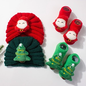 Christmas baby knitted hat and socks set with 3D Santa Claus and Merry Christmas tree