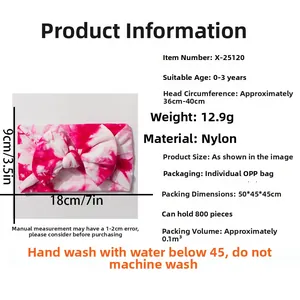 Detailed size specifications for tie-dye nylon baby headband with 18cm x 9cm dimensions