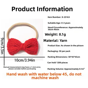 Detailed size chart for red knitted baby bow headband made of soft crochet yarn