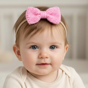 Detail of pink hand-knitted bow baby headband with soft high-elastic nylon strap