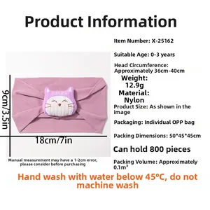 Bandeau bébé en nylon rose avec chat en peluche et spécifications de taille 18x9cm