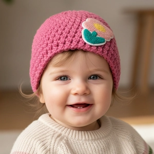 Close-up of pink knitted baby hat featuring a decorative floral applique and warm fabric