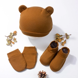 Newborn baby 3-piece set with bear ear knit hat, anti-scratch mittens and socks in brown