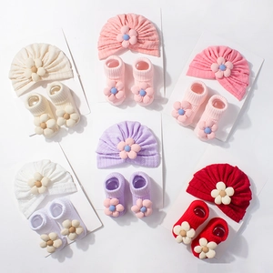 Baby Turban Hat And Socks Set Soft Knitted Infant Beanie Matching Socks With Floral Decor For Newborn Photography Prop