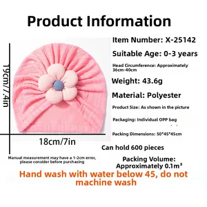 Pink infant turban hat with five-petal flower detail and product size specifications