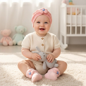 Close-up of baby romper with wooden buttons, floral headband and matching socks set