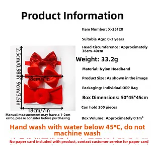 Detailed size chart for red baby headband 3-pack showing dimensions and care instructions