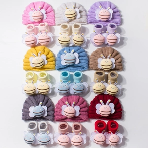 Knitted baby hat and socks set with 3D cartoon bee design in multiple vibrant colors