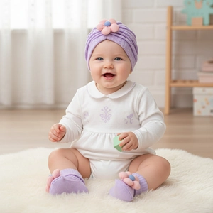 Detail view of purple knitted baby hat and socks set featuring 3D floral decorations