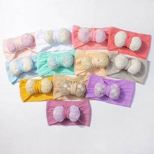 Baby elastic headbands set with large jacquard floral lace bows in 11 different colors