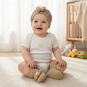 Close-up of baby knit turban hat and matching 3D flower booties in warm brown tones