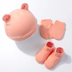 Newborn baby 3-piece set with bear ear knit hat, mittens and socks in coral pink