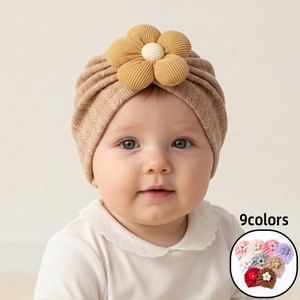 Cute Baby Turban Hat With Large Flower Soft Knitted Infant Toddler Beanie Hat Solid Color Headwear Accessories For Girls