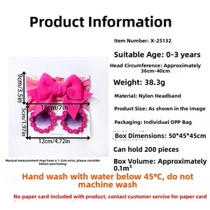 Size chart for baby bow headband and flower sunglasses set, including dimensions and care guide