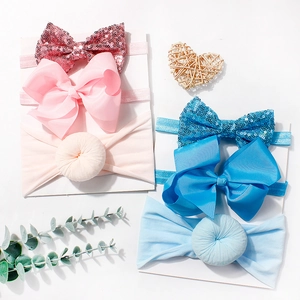 Set of 6 elastic baby headbands with sequins and bows for toddlers in pink and blue