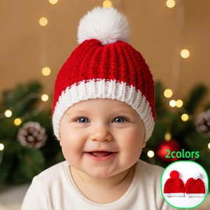 Christmas Baby Knitted Beanie Hat With Cute Pom Pom Soft Polyester Winter Warm Crochet Cap For Infants Toddlers Kids Holiday Party Red White