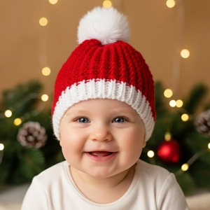 Close-up of baby Christmas knit hat with red and white patterns and a fluffy pompom detail