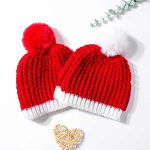Christmas baby knit hat set with faux fur pompom in red and white festive colors