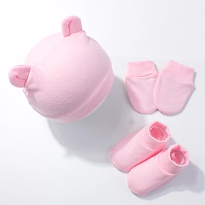 Pink newborn baby set with bear ear hat, anti-scratch mittens, and soft knitted booties