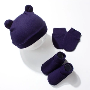 Three-piece baby set with bear-ear beanie, anti-scratch mittens, and soft knit booties