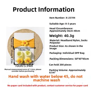Detailed size specifications for yellow floral baby headband and matching socks set