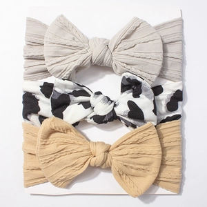Lot de 3 bandeaux élastiques pour bébé avec nœuds en gris, imprimé vache et marron café
