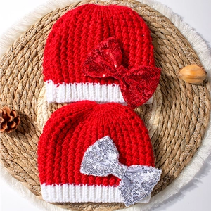 Christmas baby knit hats with sequin bows in red and white festive holiday design