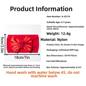 Détail du bandeau élastique rouge en nylon pour bébé avec nœud et dimensions