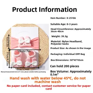 Detailed size chart for pink baby nylon headband and bunny socks set for 0-3 years old