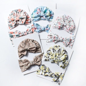 Ensemble Bonnet Turbant et Bandeau pour Bébé en Tricot Nervuré Imprimé Floral avec Nœud Accessoires Nouveau-né