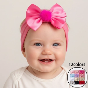 Bandeau à Nœud en Nylon pour Bébé Turban Élastique à Grand Nœud Doux avec Pompon pour Nourrissons et Tout-Petits