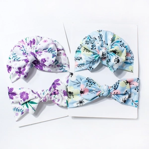 Ensemble bonnet turban bébé et bandeau à nœud avec imprimé floral et maille côtelée