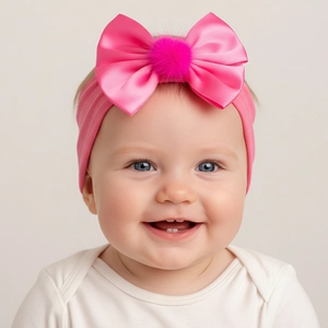 Détail d'un bandeau rose pour bébé avec un grand nœud en satin et un pompon doux au centre