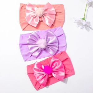 Lot de 3 bandeaux bébé en nylon élastique avec grands nœuds satinés et pompons