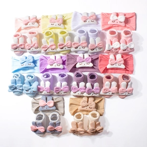 Baby nylon elastic headband and sock set with 3D plush rabbit decor in multiple colors