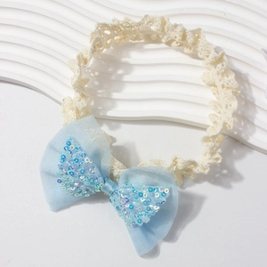 Fascia elastica in pizzo per neonati con fiocco in rete di paillettes azzurro chiaro