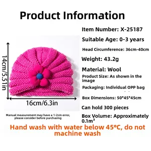Dettagli dimensioni del turbante in maglia rosa scuro per neonati con fiore 3D e perla