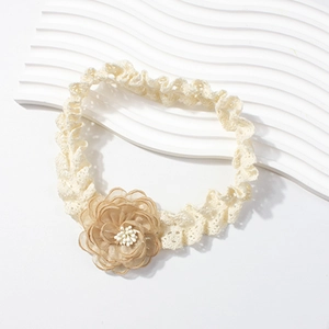 Bandeau bébé mignon en dentelle beige élastique avec grande fleur en tulle pour nourrissons