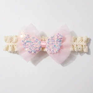 Fascia per neonati in pizzo con fiocco doppio in tulle rosa e paillettes lucide