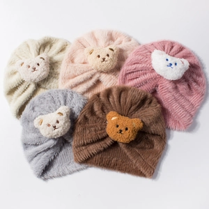 Cute plush bear baby turban hats in five soft colors for autumn and winter warmth