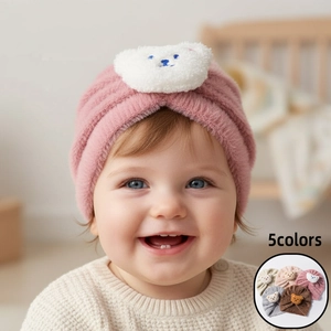 Baby Winter Plush Turban Hat Cute Cartoon Bear Solid Color Warm Infact Beanie Cap For Newborn Toddler Outdoor Soft Headwear