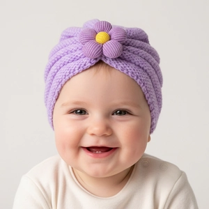 Dettaglio della trama del cappello neonato in maglia viola con un fiore giallo e viola