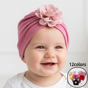 Cappello Turbante per Neonati Con Grande Fiore in Tessuto Fascia Morbida Elastica per Neonato Bambino Berretto Plissettato Stile Indiano