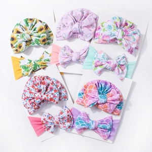 Ensemble Bonnet Turban Bébé et Bandeau à Nœud Texture Gaufre Doux Élastique Accessoires Cheveux pour Nouveau-né et Tout-petit Fille
